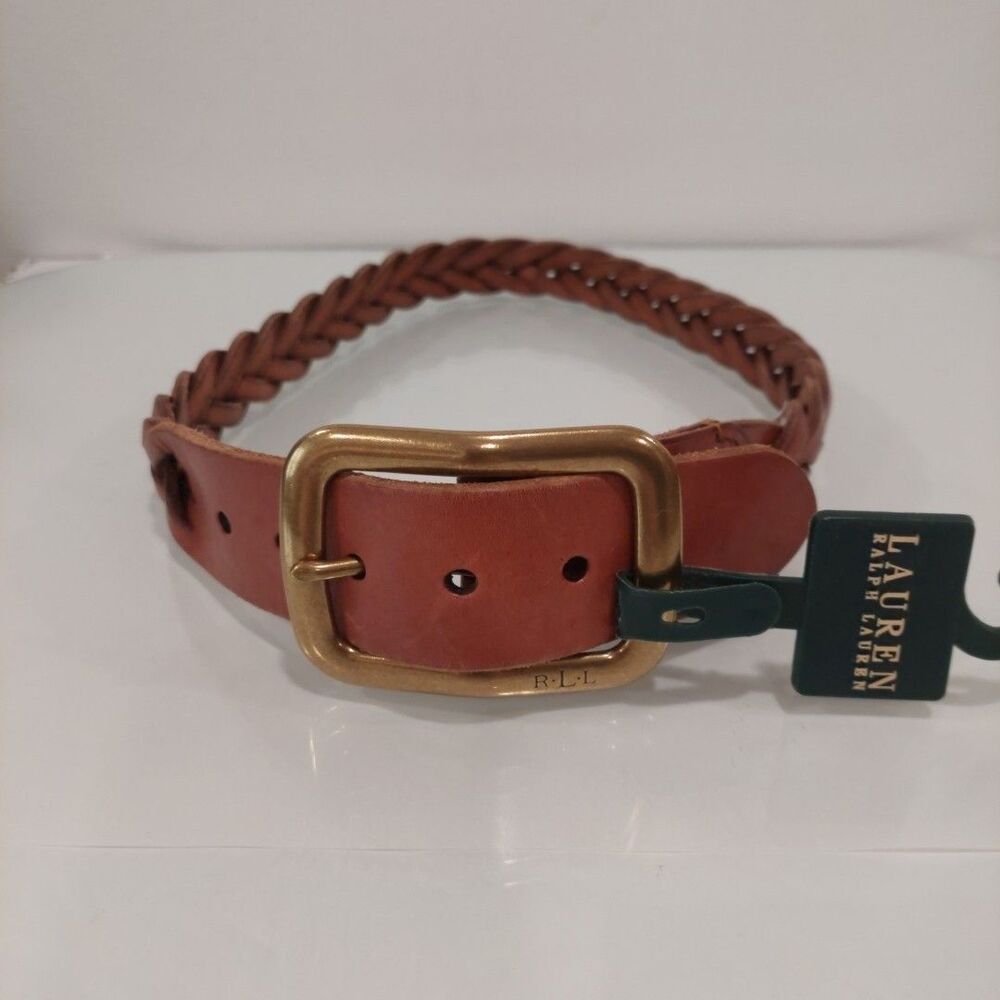 New RLL Ralph Lauren Tan Split Leather Braided Belt Massive Buckle Sz Smal